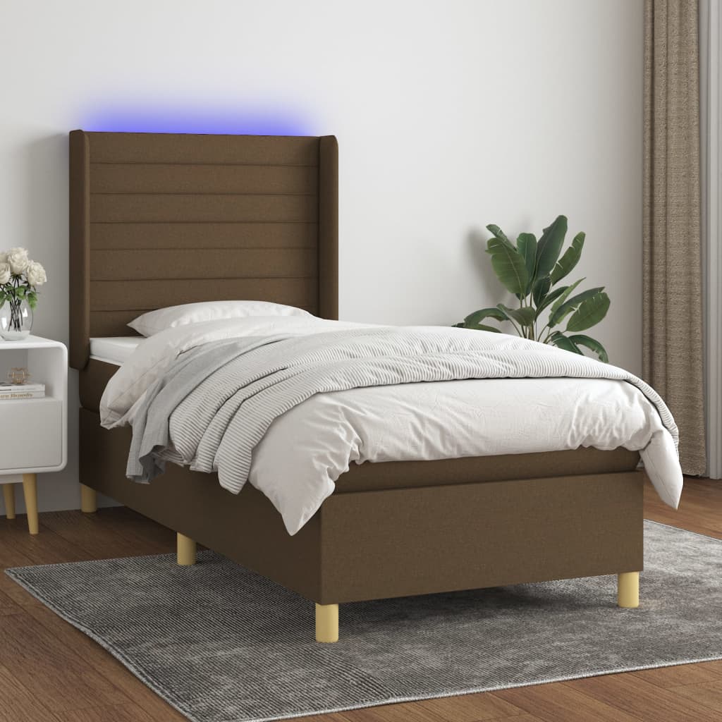 Box Spring Postel S Matrací A Led Tmavě Hnědá 100X200 Cm Textil