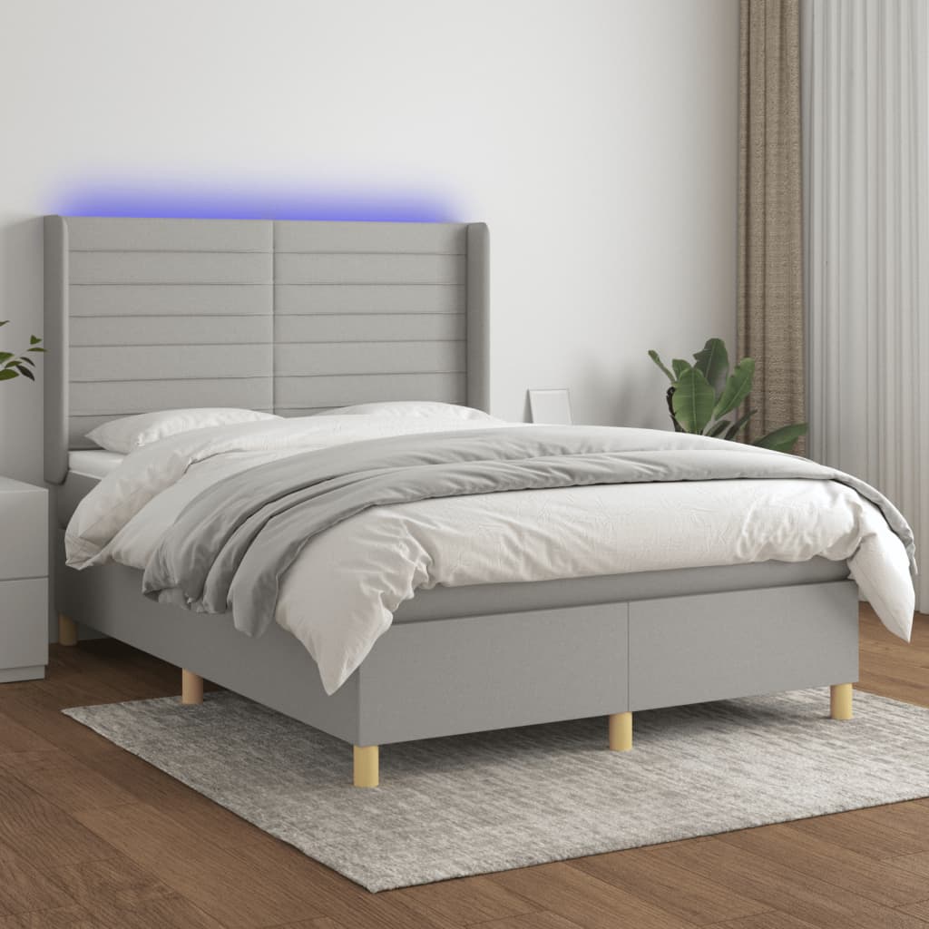 Box Spring Postel S Matrací A Led Textil Světle Šedá
