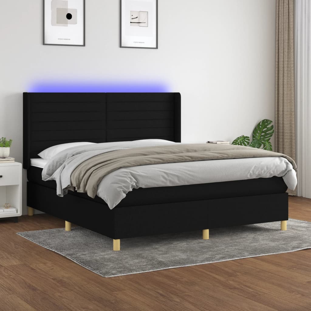 Box Spring Postel S Matrací A Led Černá Textil Černá