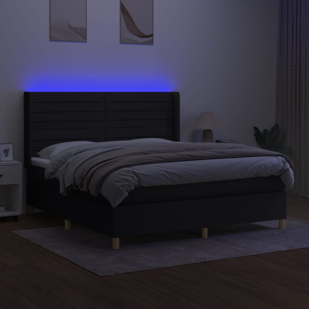 Box Spring Postel S Matrací A Led Černá Textil Černá