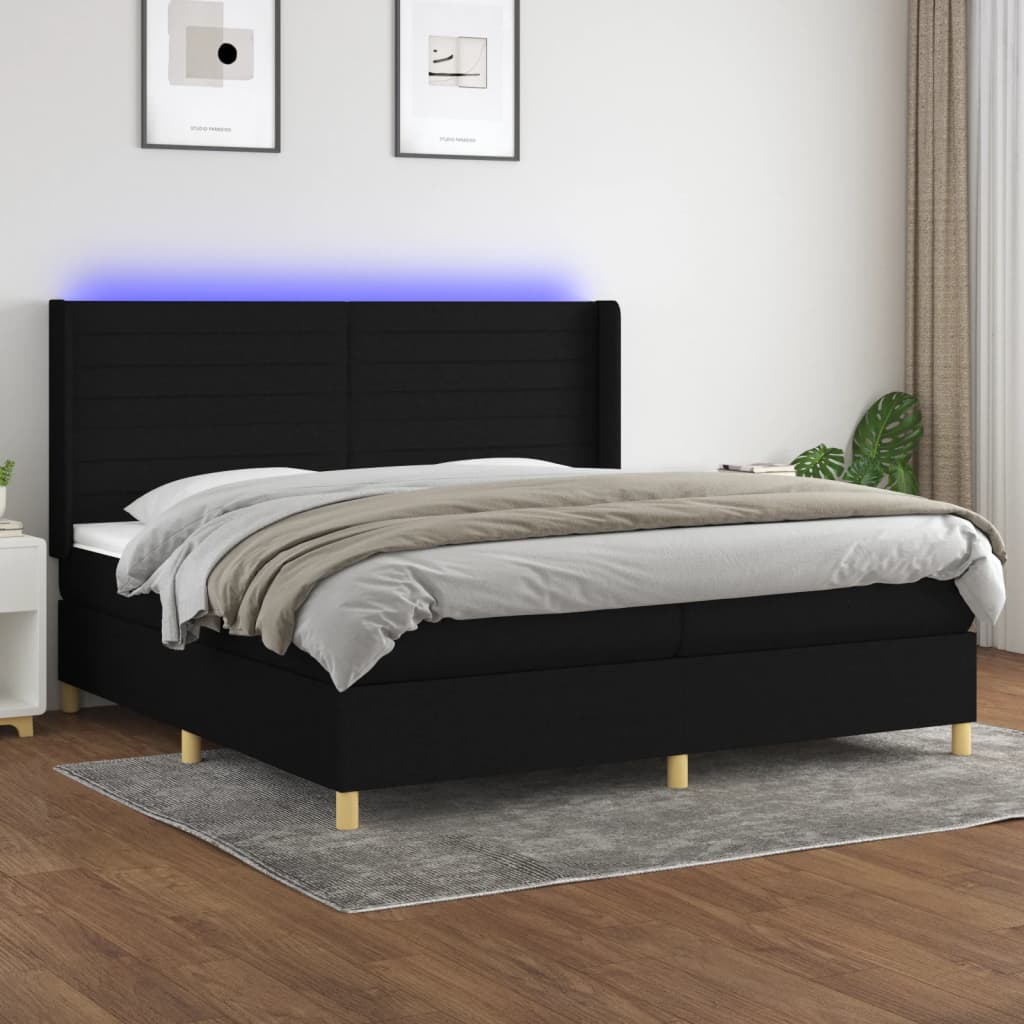 Box Spring Postel S Matrací A Led Černá Textil Černá
