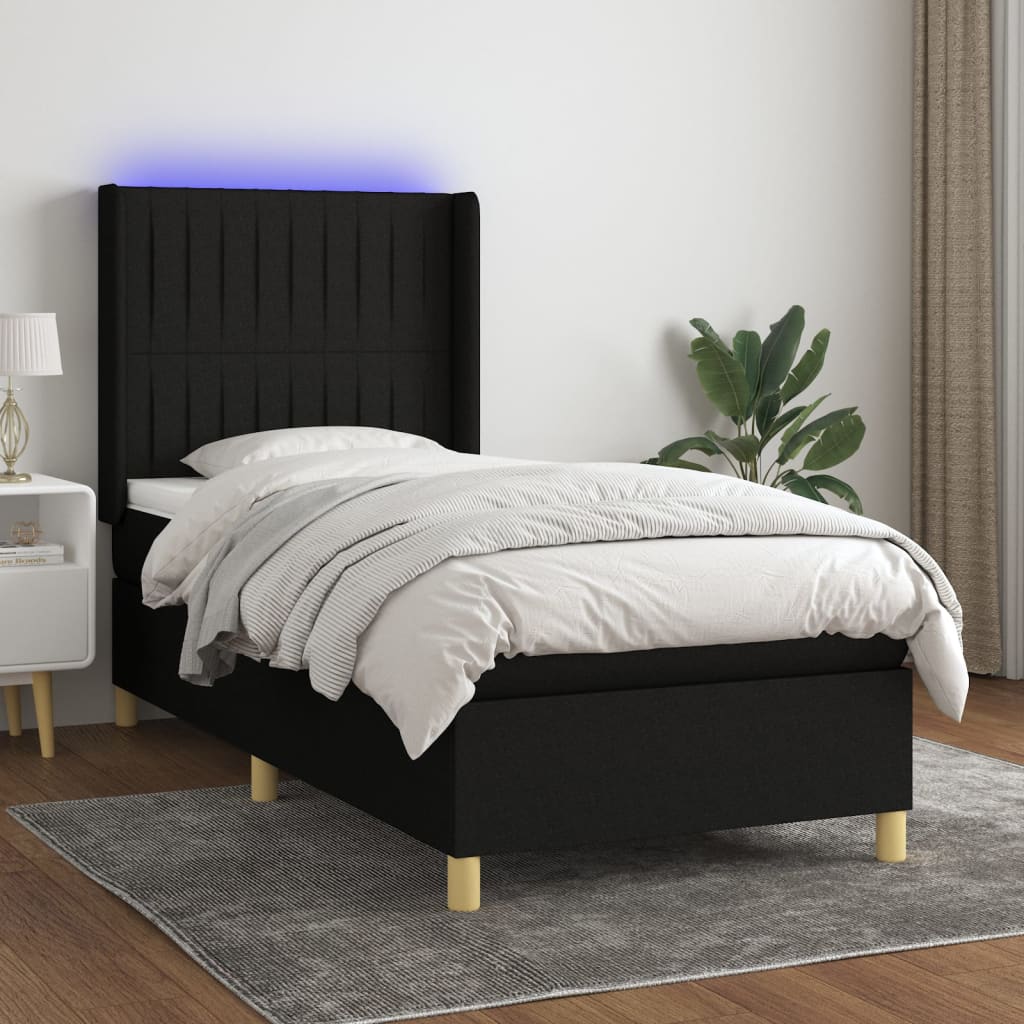 Box Spring Postel S Matrací A Led Černá Textil Černá