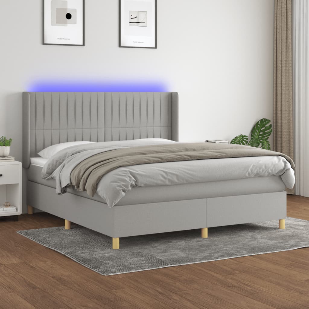 Box Spring Postel S Matrací A Led Textil Světle Šedá