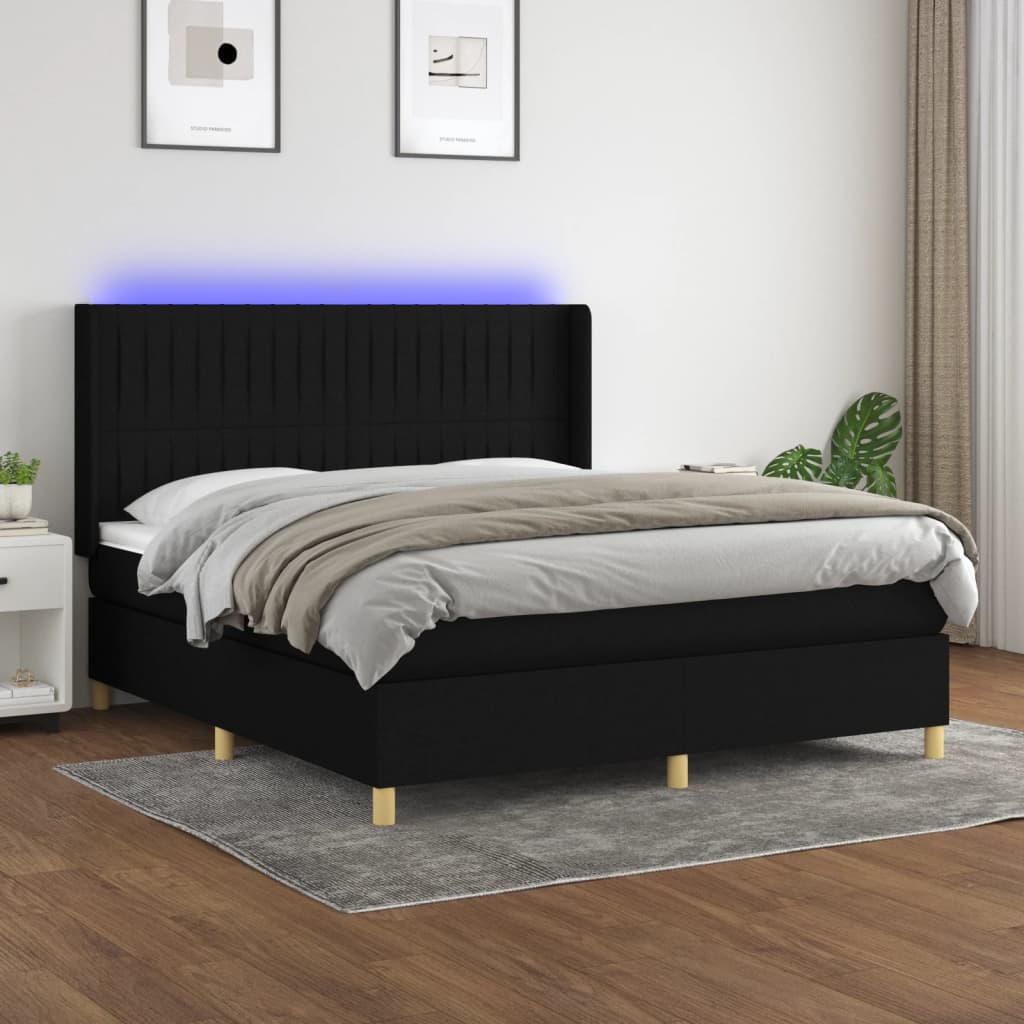 Box Spring Postel S Matrací A Led Černá Textil Černá