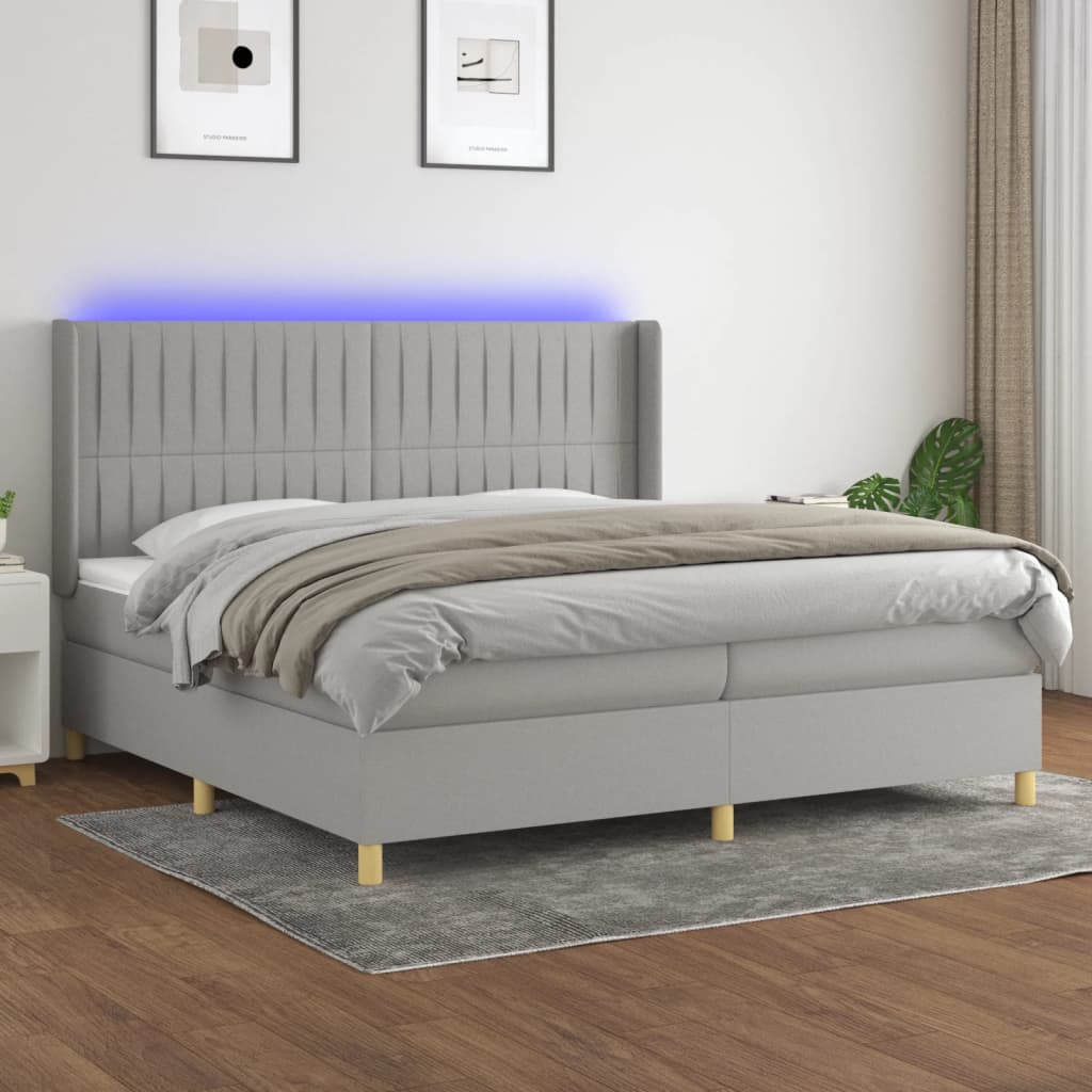Box Spring Postel S Matrací A Led Textil Světle Šedá