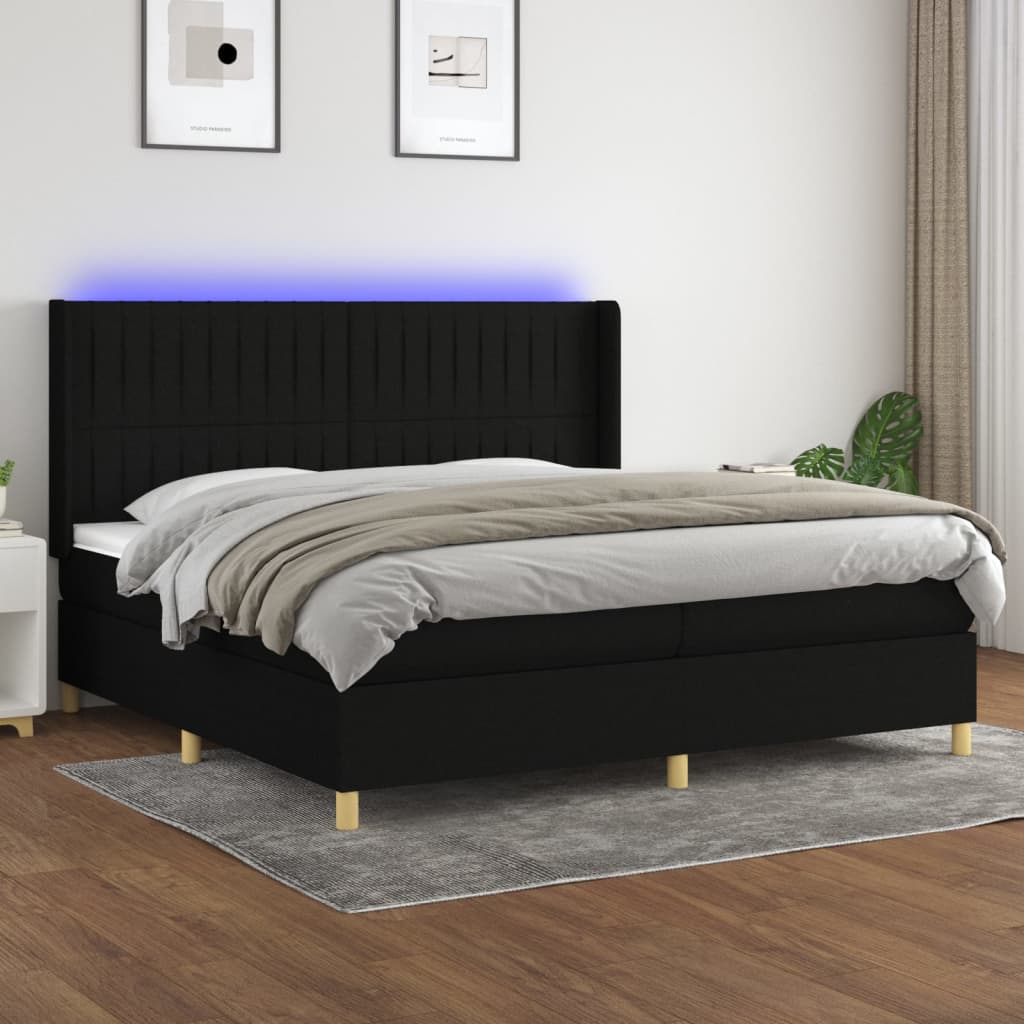Box Spring Postel S Matrací A Led Černá Textil Černá