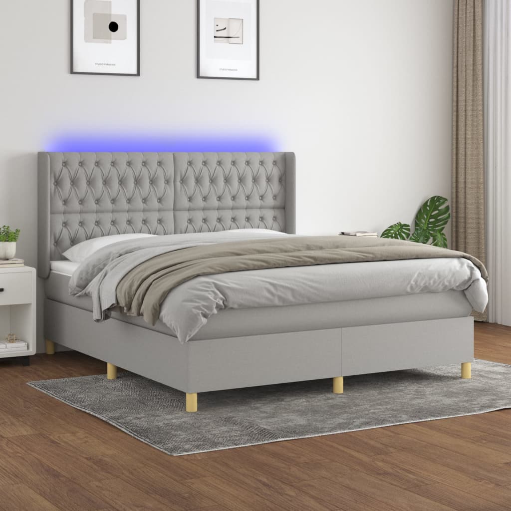 Box Spring Postel S Matrací A Led Textil Světle Šedá
