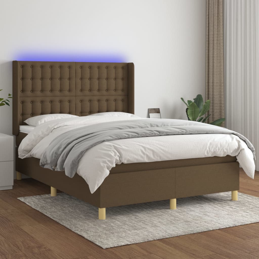 Box Spring Postel S Matrací A Led Tmavě Hnědá 140X200 Cm Textil