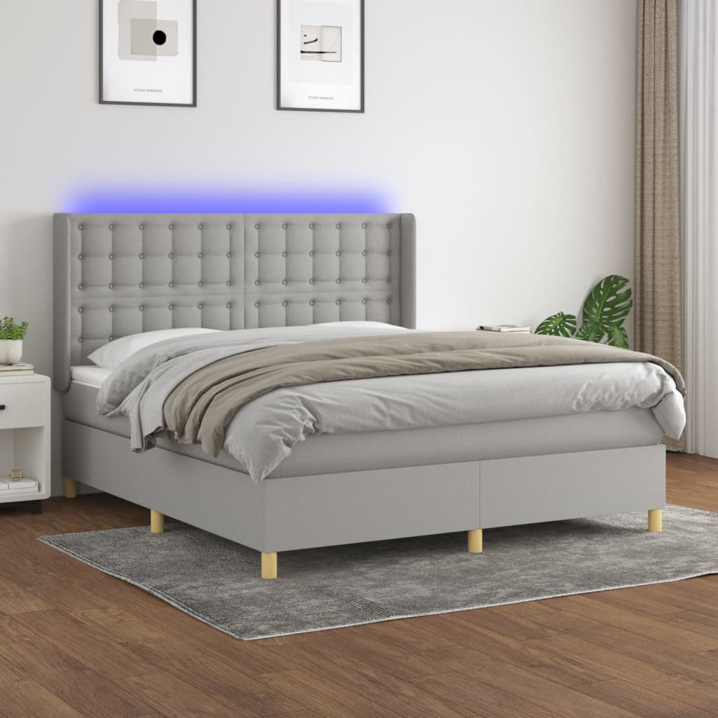 Box Spring Postel S Matrací A Led Textil Světle Šedá