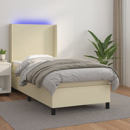 Box Spring Postel S Matrací A Led Krémová 90X190 Cm Umělá Kůže