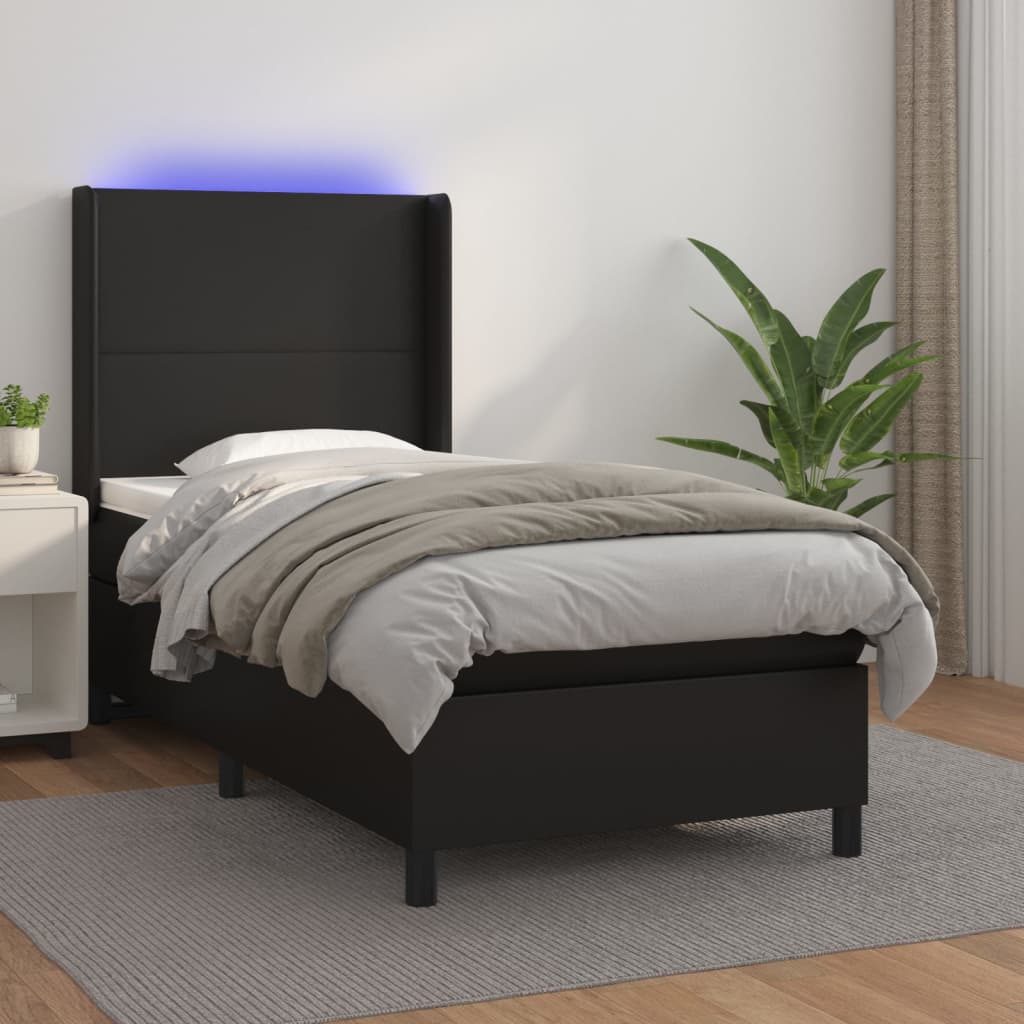 Box Spring Postel S Matrací A Led Černá Umělá Kůže Černá