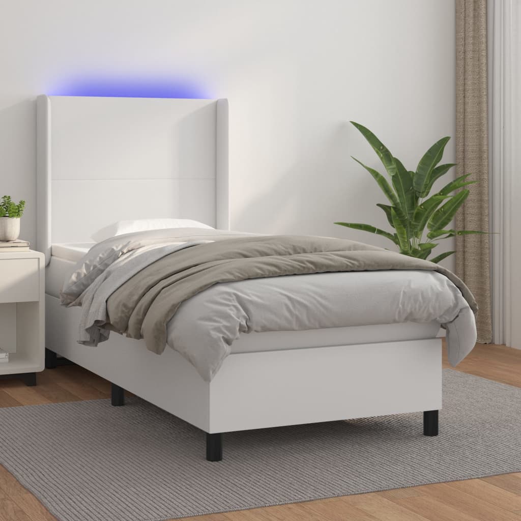 Box Spring Postel S Matrací A Led Umělá Kůže Bílá