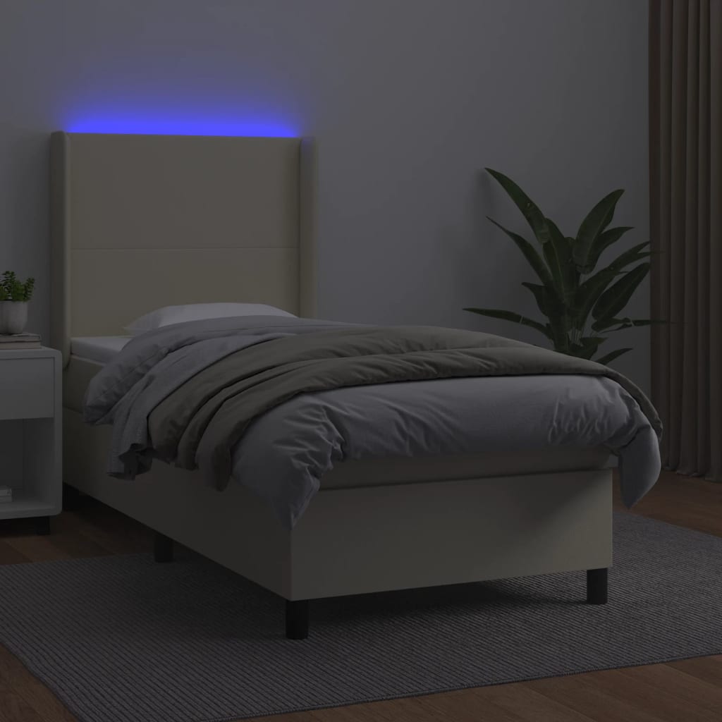 Box Spring Postel S Matrací A Led Krémová 100X200 Cm Umělá Kůže