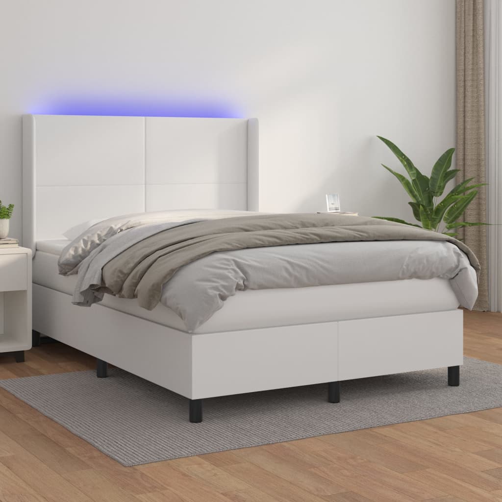 Box Spring Postel S Matrací A Led Umělá Kůže Bílá
