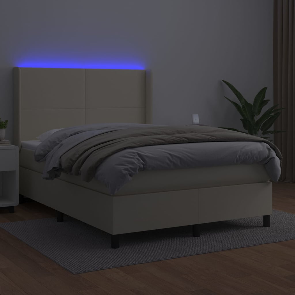 Box Spring Postel S Matrací A Led Krémová 140X190 Cm Umělá Kůže