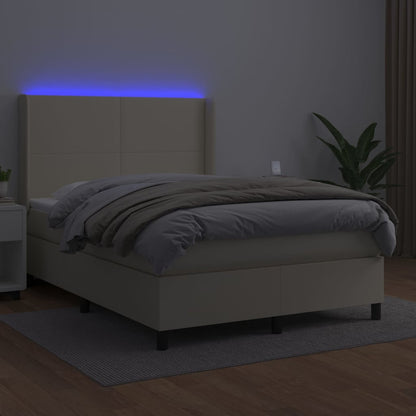 Box Spring Postel S Matrací A Led Krémová 140X190 Cm Umělá Kůže