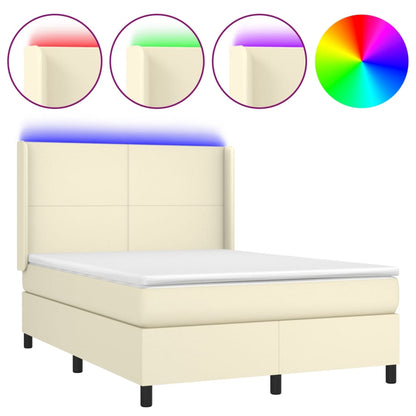Box Spring Postel S Matrací A Led Krémová 140X200 Cm Umělá Kůže