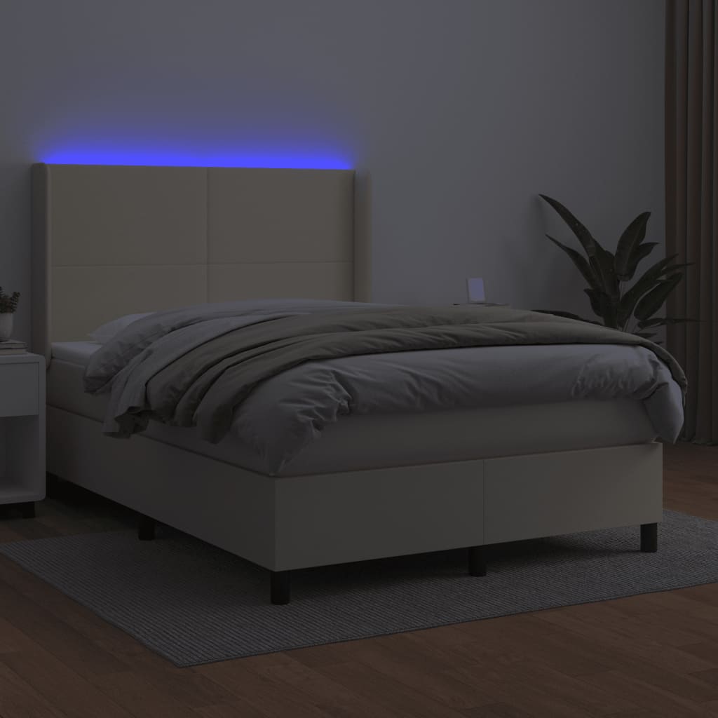 Box Spring Postel S Matrací A Led Krémová 140X200 Cm Umělá Kůže