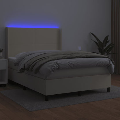 Box Spring Postel S Matrací A Led Krémová 140X200 Cm Umělá Kůže