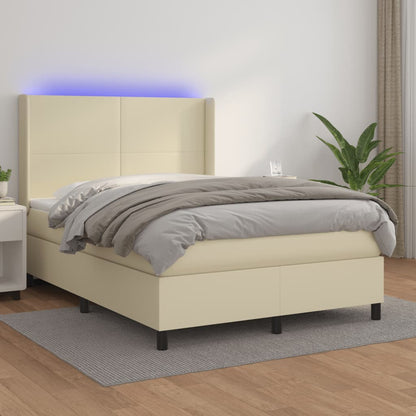 Box Spring Postel S Matrací A Led Krémová 140X200 Cm Umělá Kůže
