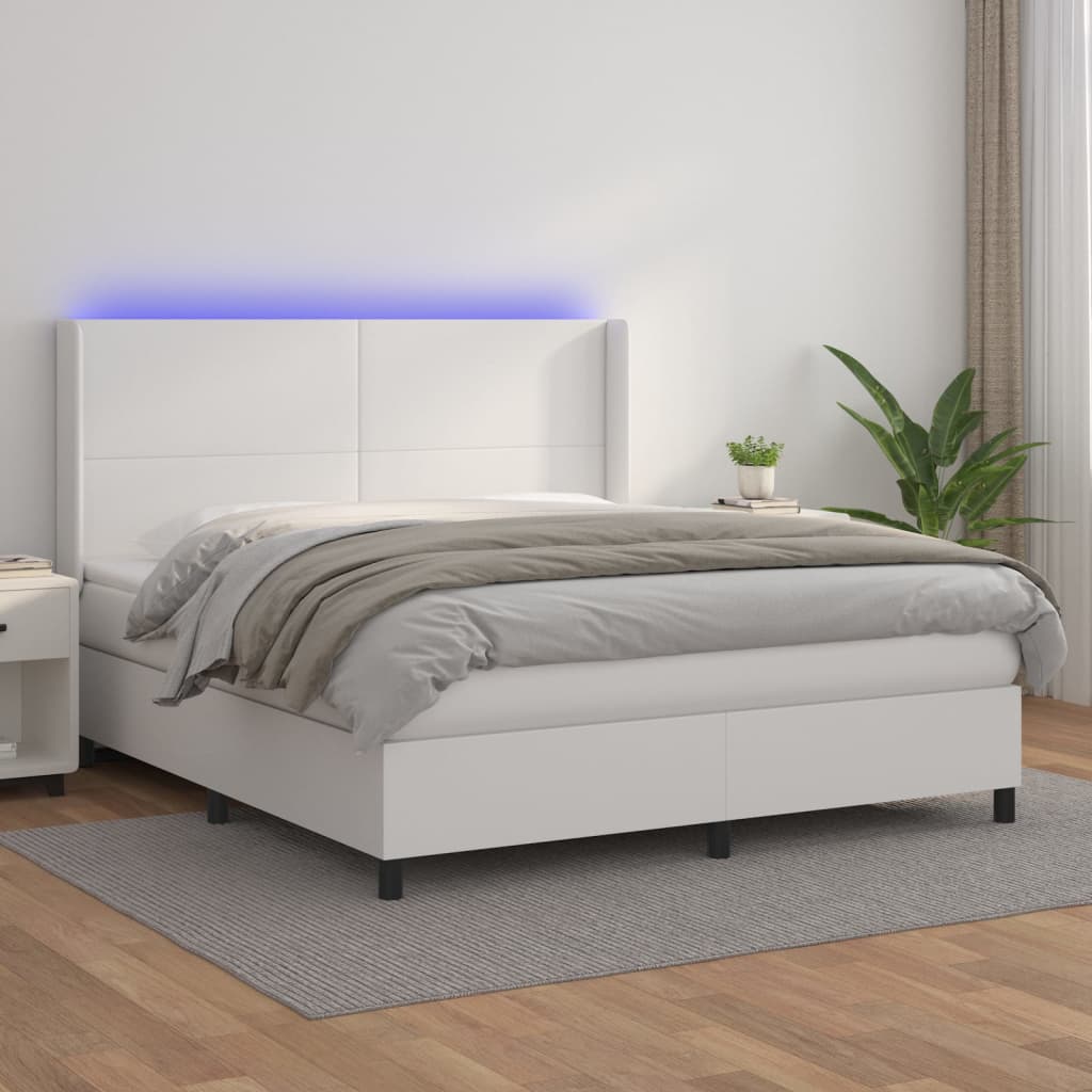 Box Spring Postel S Matrací A Led Umělá Kůže Bílá