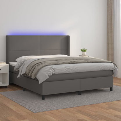 Box Spring Postel S Matrací A Led Šedá Umělá Kůže Šedá