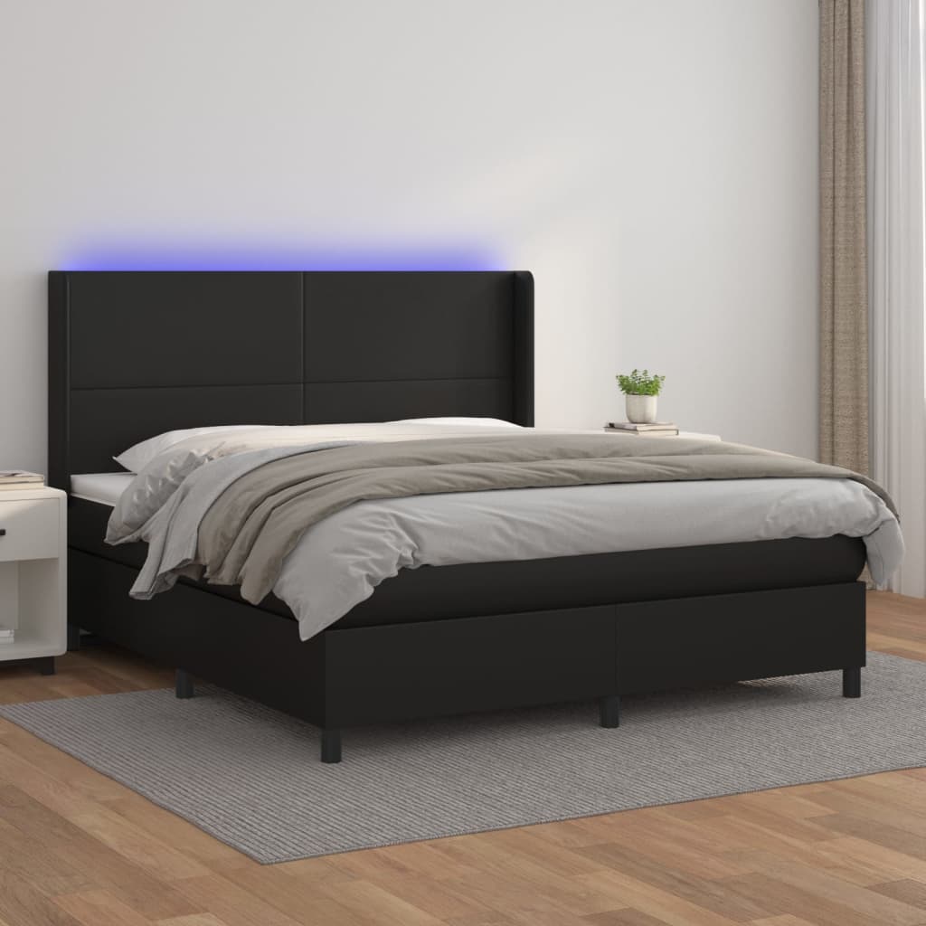 Box Spring Postel S Matrací A Led Černá Umělá Kůže Černá