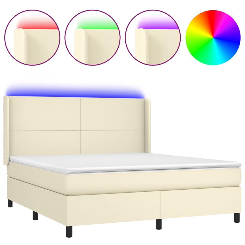 Box Spring Postel S Matrací A Led Krémová 180X200Cm Umělá Kůže