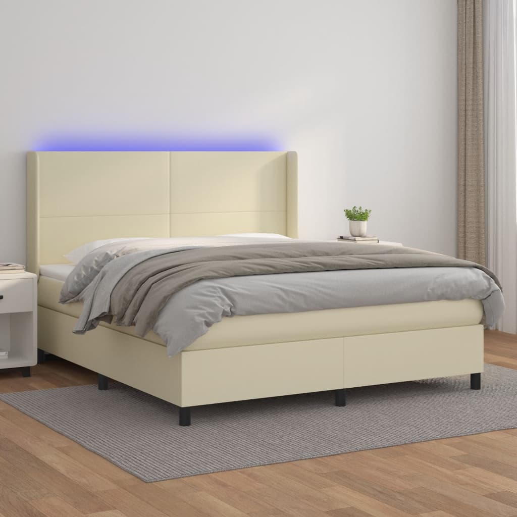 Box Spring Postel S Matrací A Led Krémová 180X200Cm Umělá Kůže