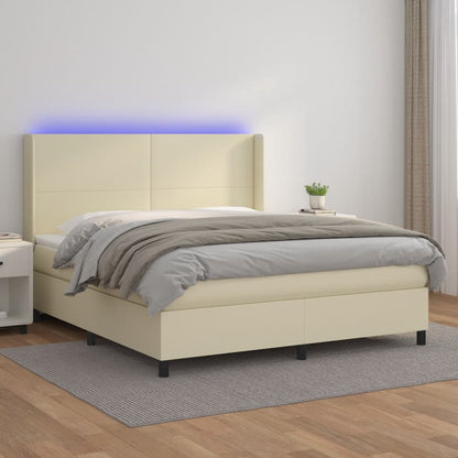 Box Spring Postel S Matrací A Led Krémová 180X200Cm Umělá Kůže