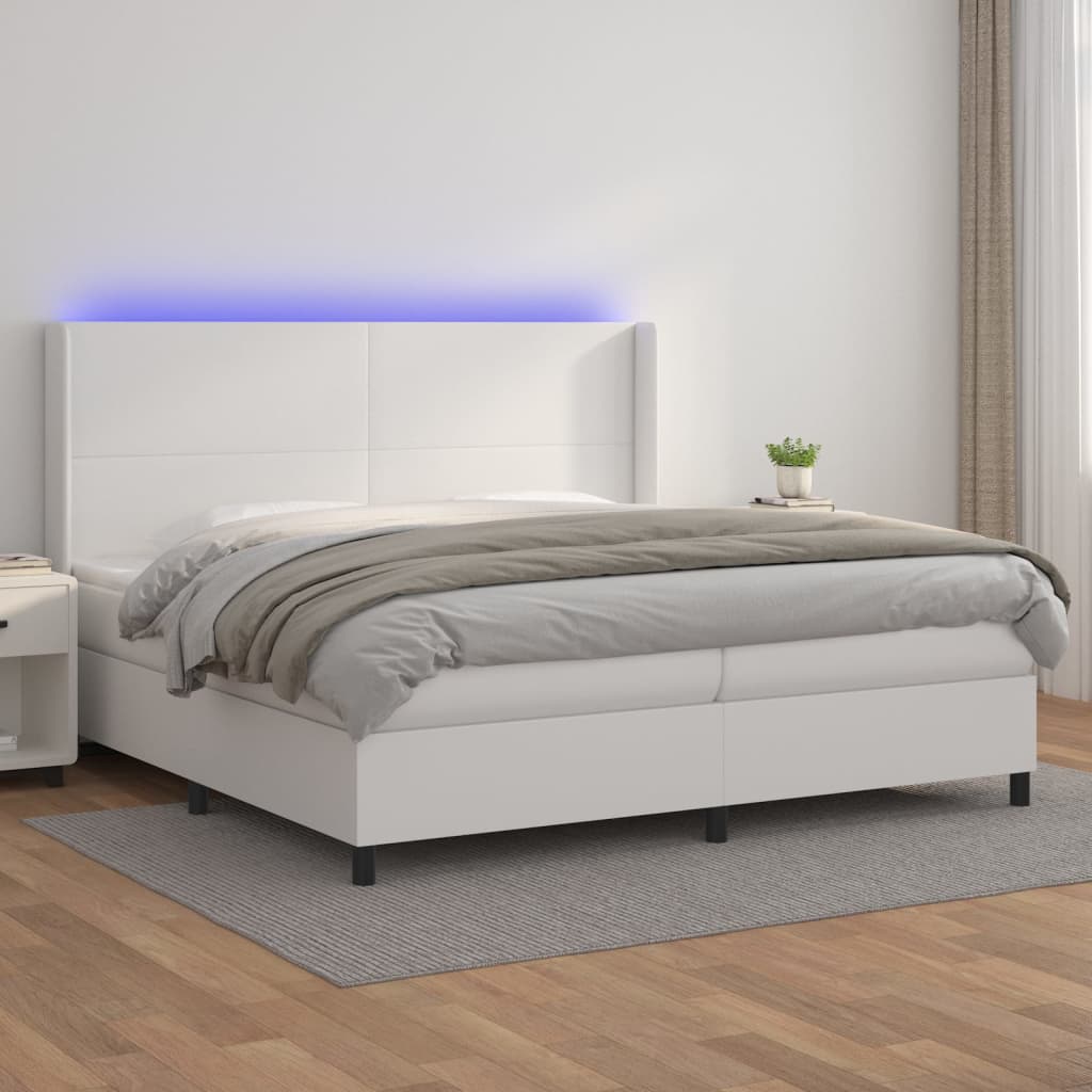 Box Spring Postel S Matrací A Led Umělá Kůže Bílá