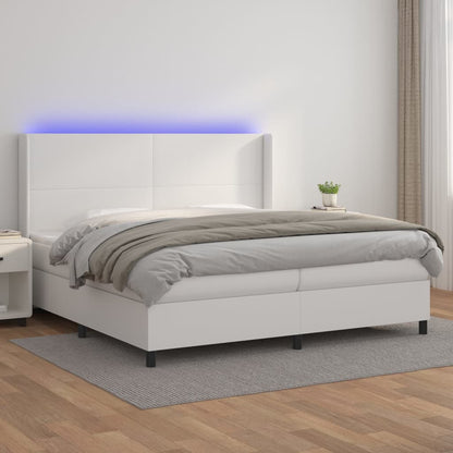 Box Spring Postel S Matrací A Led Umělá Kůže Bílá