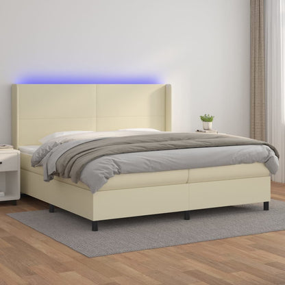 Box Spring Postel S Matrací A Led Krémová 200X200 Cm Umělá Kůže