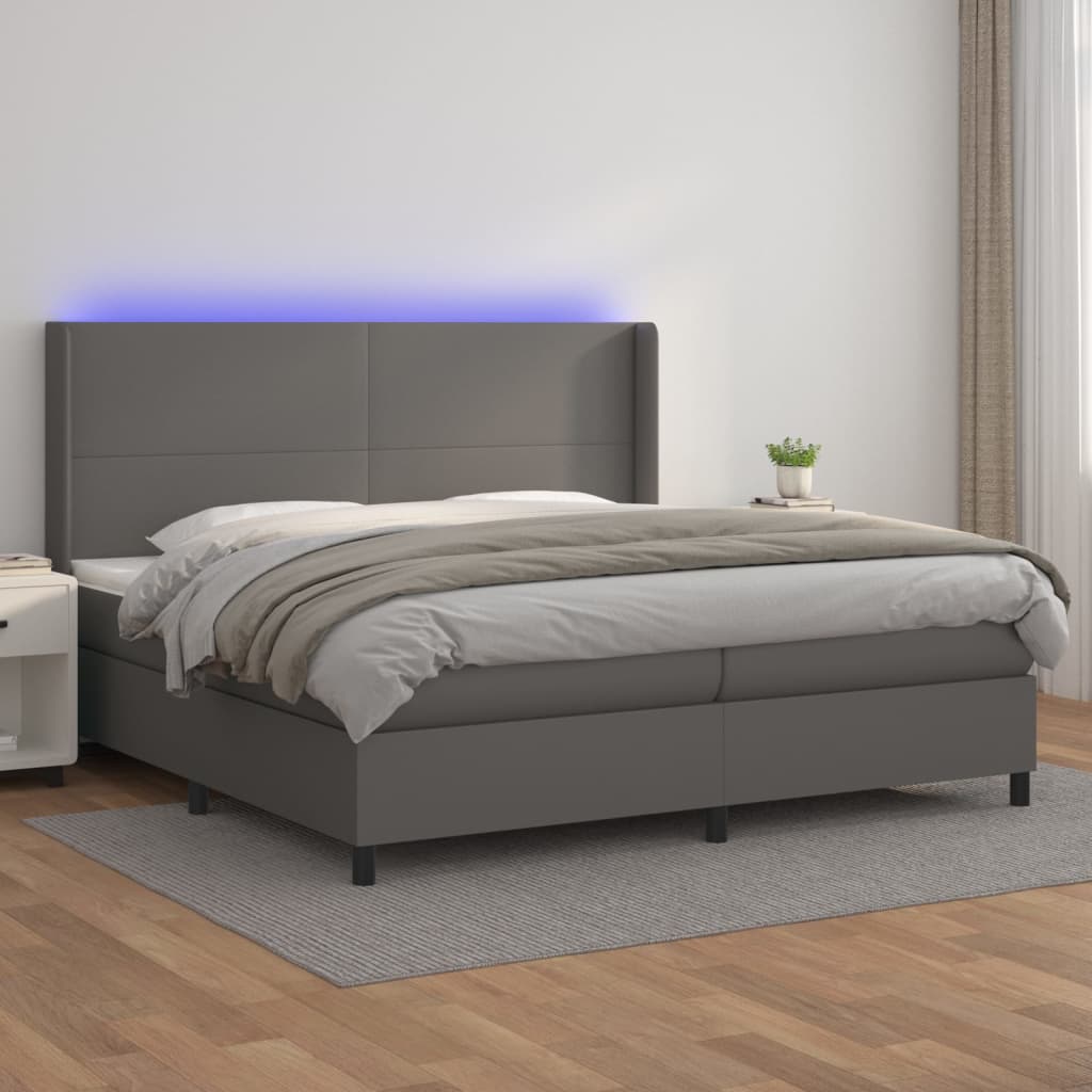 Box Spring Postel S Matrací A Led Šedá Umělá Kůže Šedá