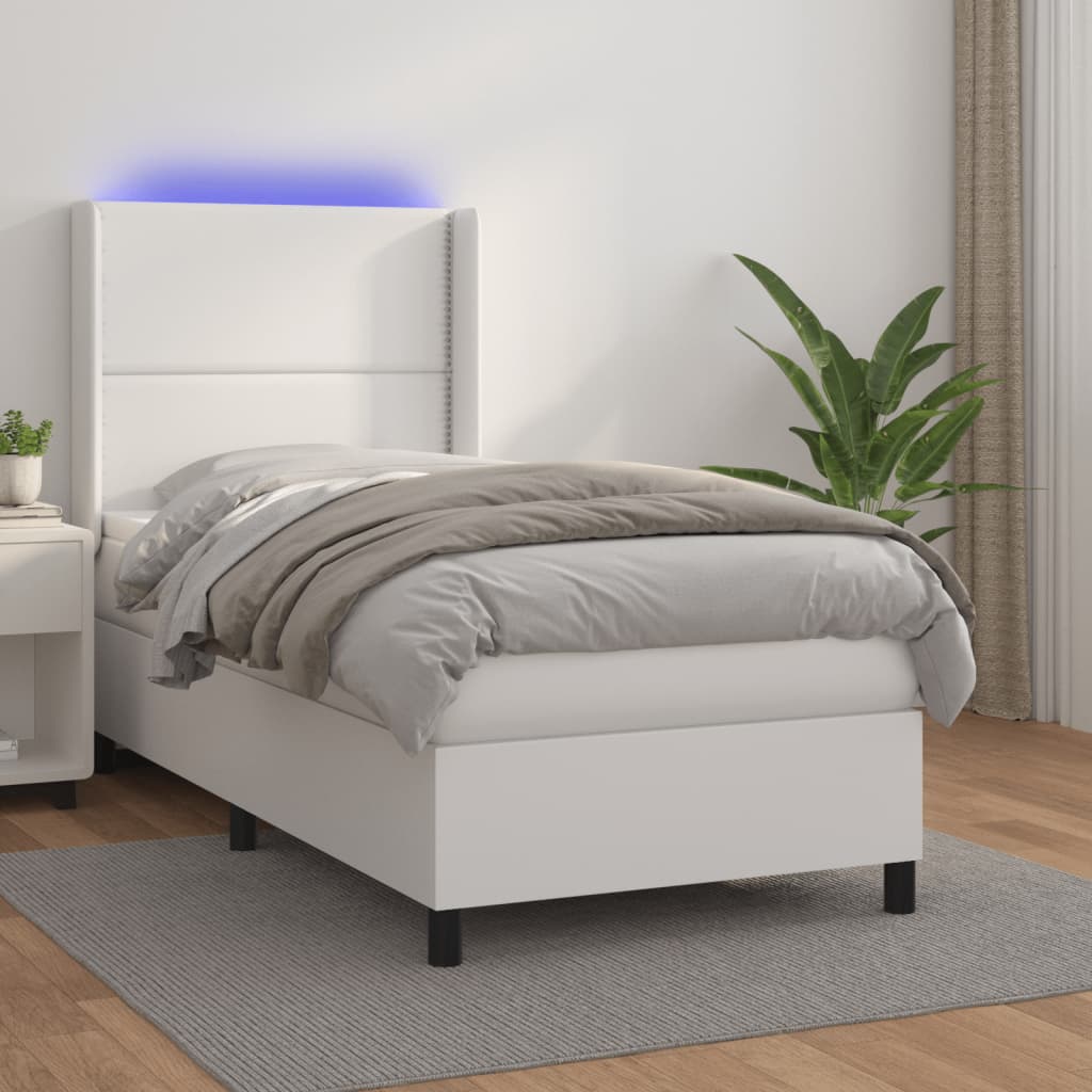 Box Spring Postel S Matrací A Led Umělá Kůže Bílá