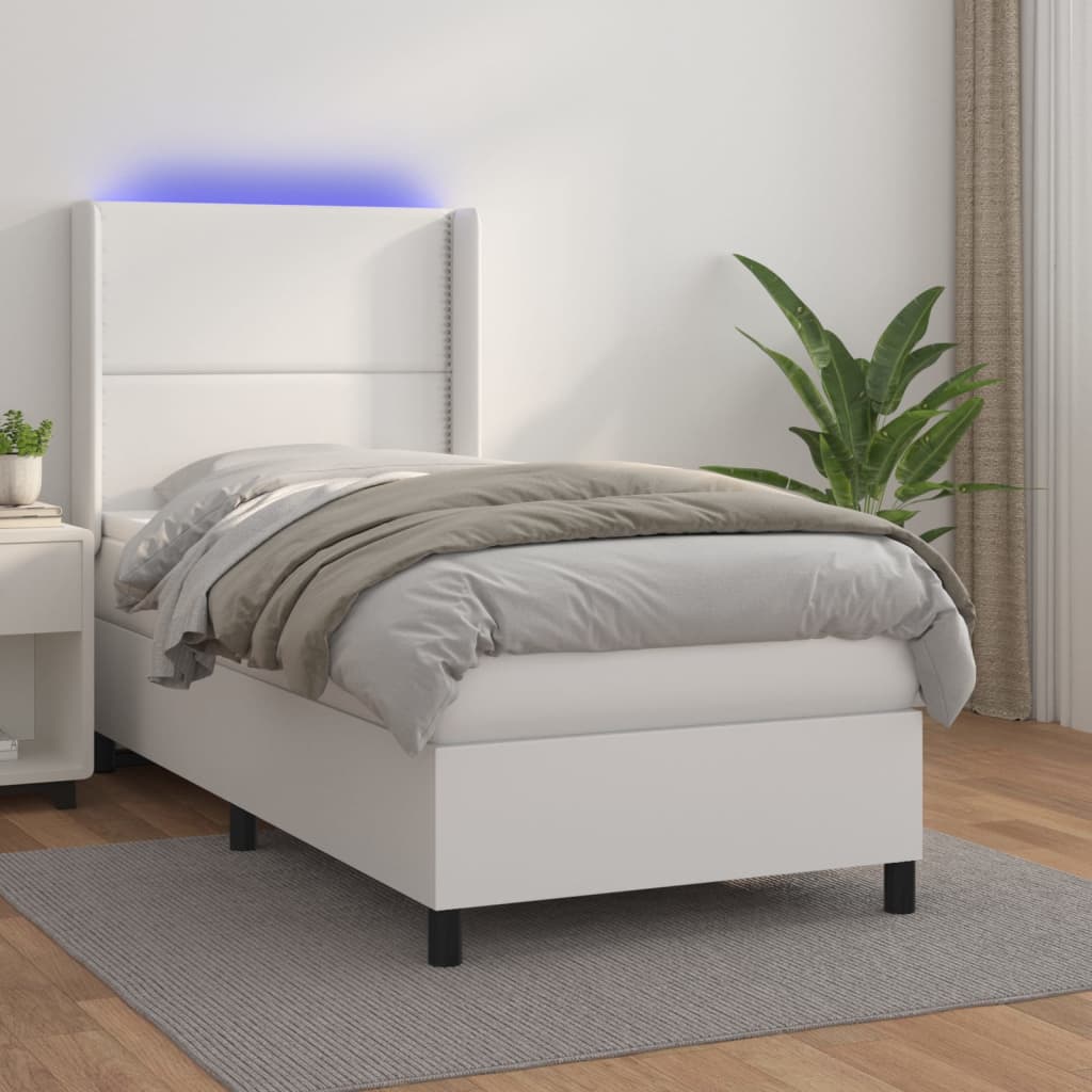 Box Spring Postel S Matrací A Led Umělá Kůže Bílá