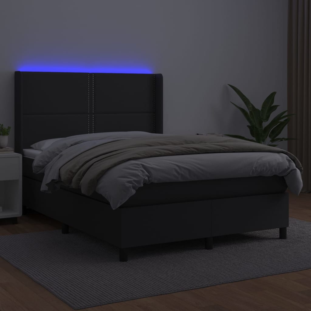 Box Spring Postel S Matrací A Led Černá Umělá Kůže Černá
