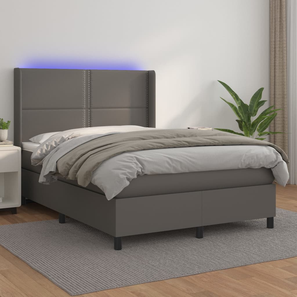 Box Spring Postel S Matrací A Led Šedá Umělá Kůže Šedá