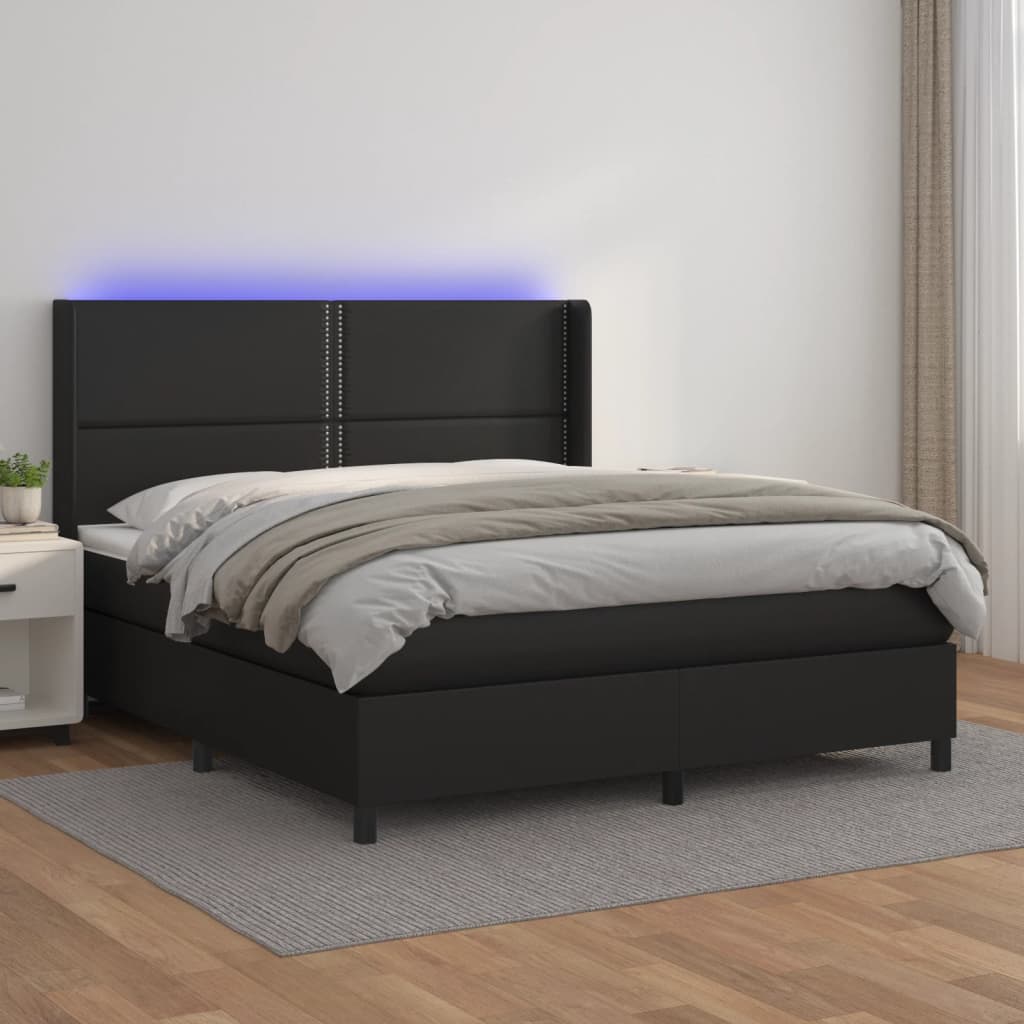 Box Spring Postel S Matrací A Led Černá Umělá Kůže Černá