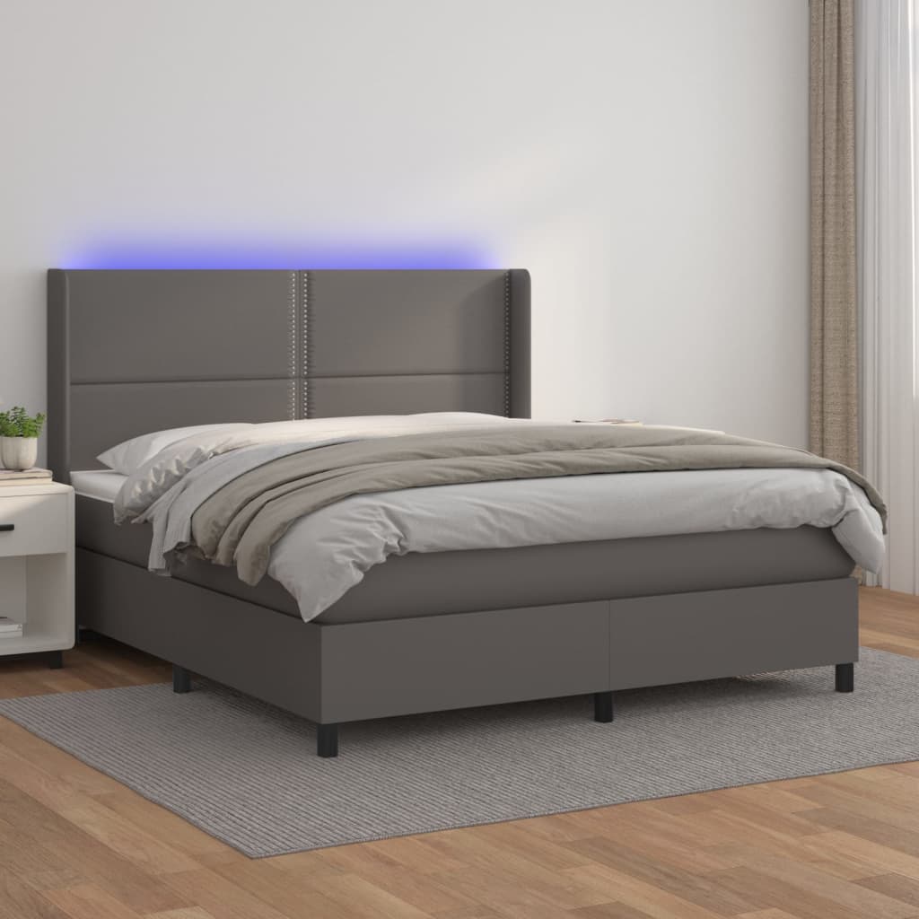 Box Spring Postel S Matrací A Led Šedá Umělá Kůže Šedá
