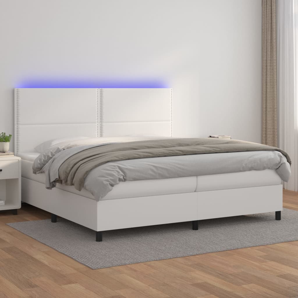 Box Spring Postel S Matrací A Led Umělá Kůže Bílá