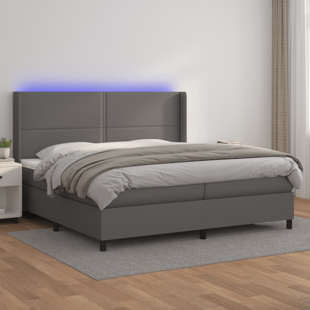Box Spring Postel S Matrací A Led Šedá Umělá Kůže Šedá