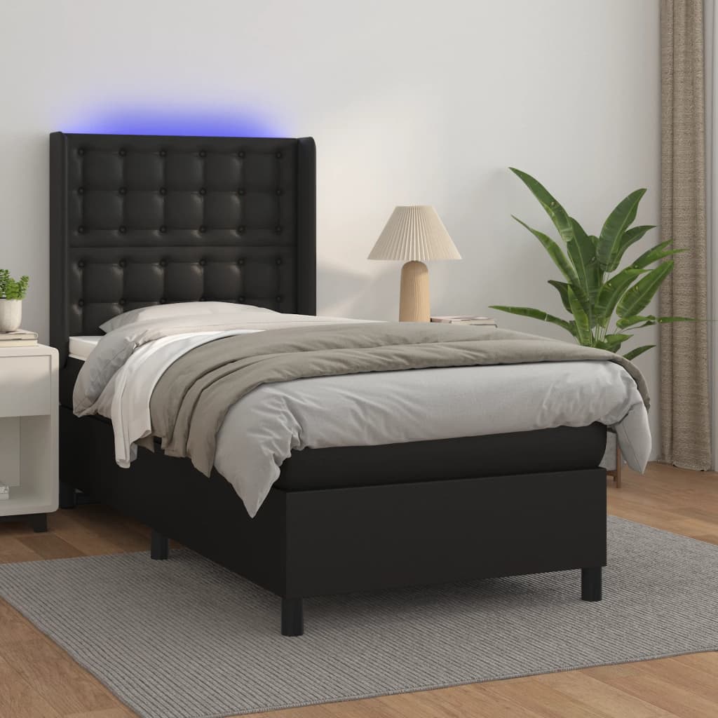 Box Spring Postel S Matrací A Led Černá Umělá Kůže Černá