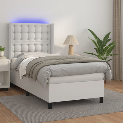 Box Spring Postel S Matrací A Led Umělá Kůže Bílá
