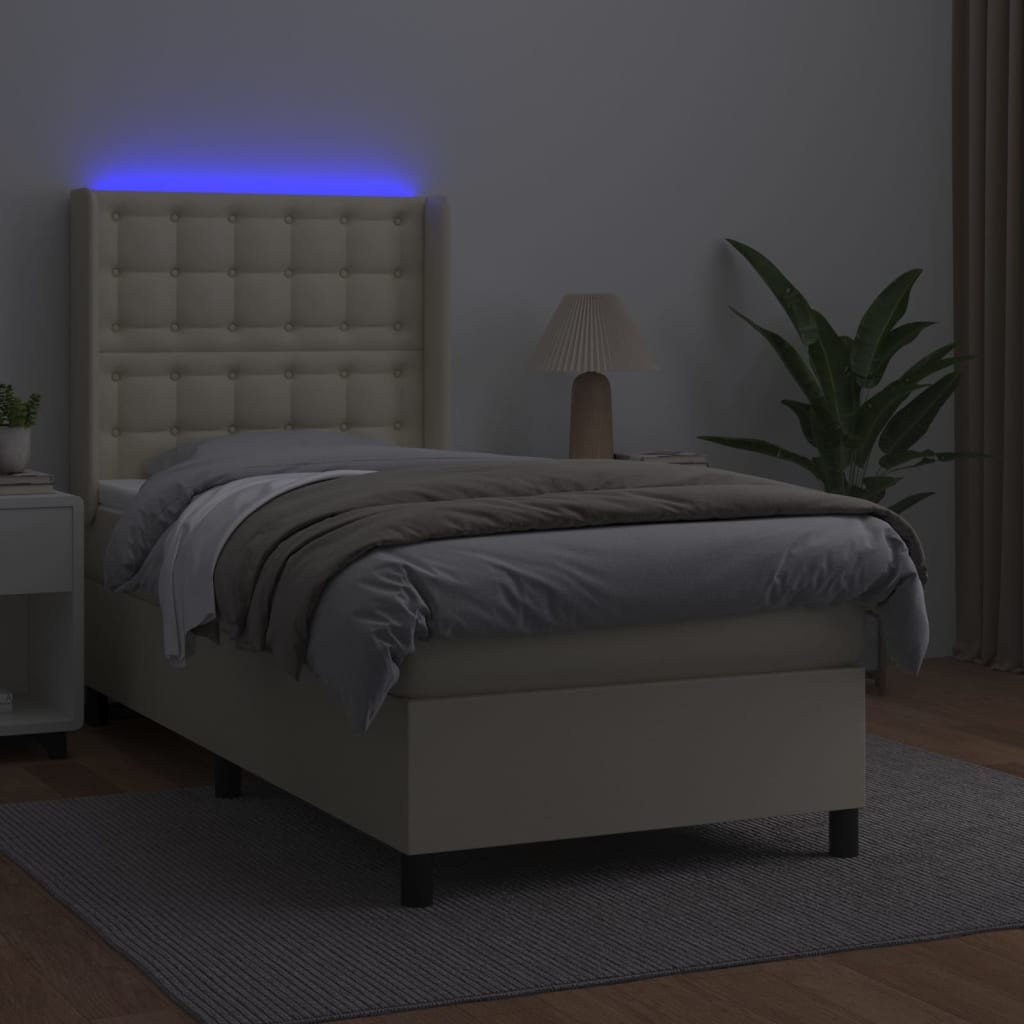 Box Spring Postel S Matrací A Led Krémová 90X190 Cm Umělá Kůže
