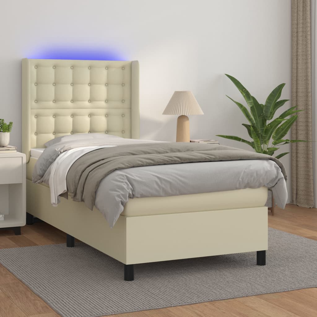 Box Spring Postel S Matrací A Led Krémová 90X190 Cm Umělá Kůže