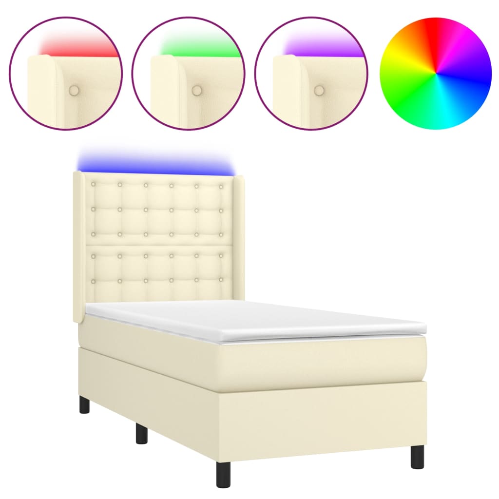 Box Spring Postel S Matrací A Led Krémová 90X200 Cm Umělá Kůže