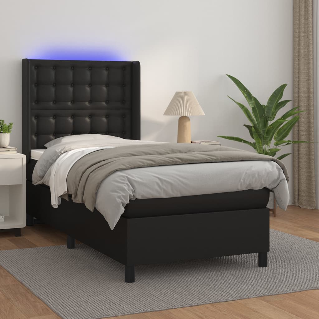 Box Spring Postel S Matrací A Led Černá Umělá Kůže Černá