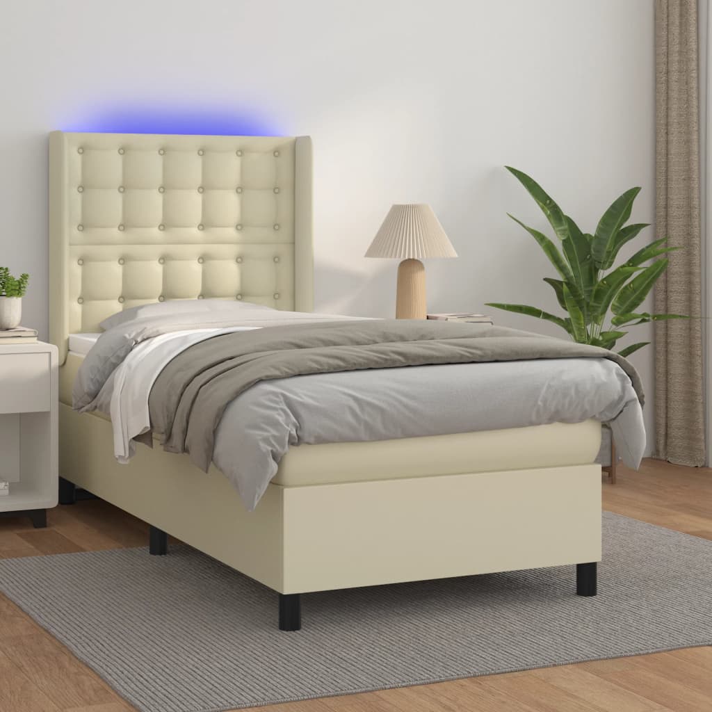 Box Spring Postel S Matrací A Led Krémová 100X200 Cm Umělá Kůže