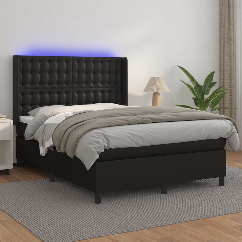 Box Spring Postel S Matrací A Led Černá Umělá Kůže Černá
